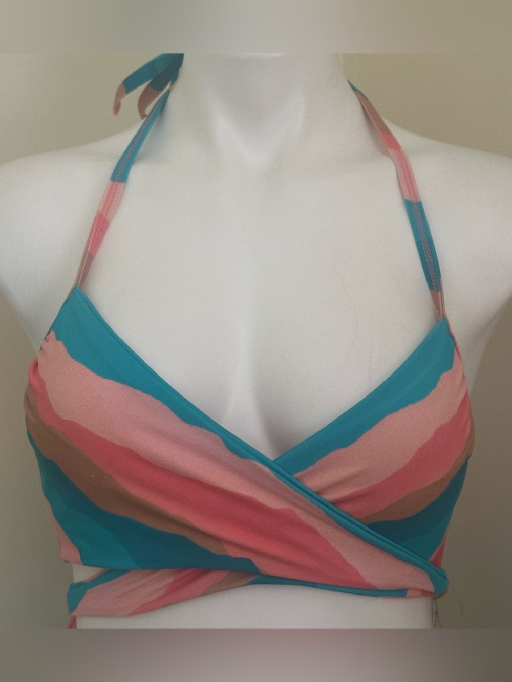 SUN DAZED Pink Blue & Tan Bikini Halter Top Criss Cross Back  32D Cup
